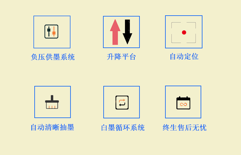 9060uv萬能打印機采用的是負壓供墨系統(tǒng)，超強吸附平臺，噴頭加熱恒溫，自動清晰抽墨系統(tǒng)，白墨循環(huán)系統(tǒng)，以及終生售后無憂